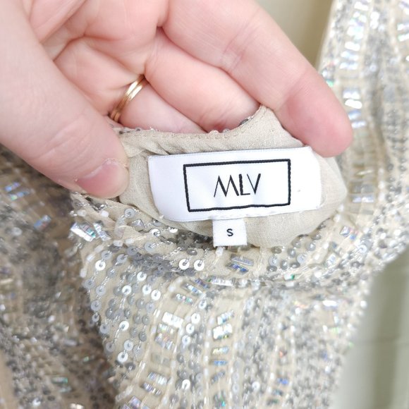 MLV Tyler Ivory Sequined Mini Dress Long Sleeve Backless Fully Beaded Lined S - Picture 6 of 7